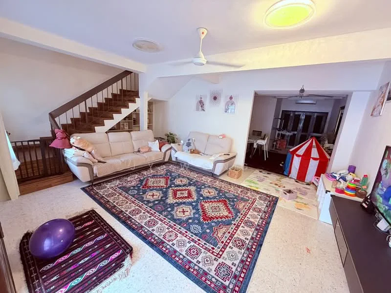 Living features: 2-seater fabric sofa in beige, 3-seater fabric sofa in beige, area rug with intricate pattern, ceiling fan with light, wall-mounted TV, wooden staircase, decorative wall art, children's play tent, laminate flooring, white painted walls; style: contemporary.