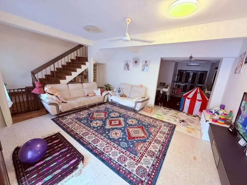Living features: 2-seater leather sofa in cream, 3-seater leather sofa in cream, area rug with geometric pattern, ceiling fan, wall-mounted TV, wooden staircase, decorative wall art, coffee table, play tent, decorative cushions, laminate flooring, white painted walls; style: contemporary.