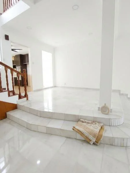 Room features: white painted walls, marble flooring, staircase with wooden railing, natural light from windows, recessed ceiling lights, open layout, decorative column, floor-to-ceiling windows; style: modern.