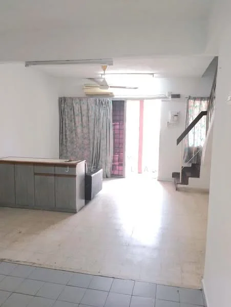 Living features: white painted walls, tile flooring, ceiling fan, curtains with floral pattern, sliding glass door, staircase leading to upper floor, wooden cabinet, natural light from windows.