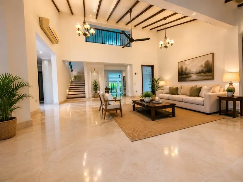 Living features: marble tile flooring, white painted walls, exposed wooden beams on ceiling, 5-blade ceiling fan with light, chandelier lighting, large artwork on wall, sofa in light fabric, coffee table, area rug, potted plants, side table with lamp; style: modern; view: garden.