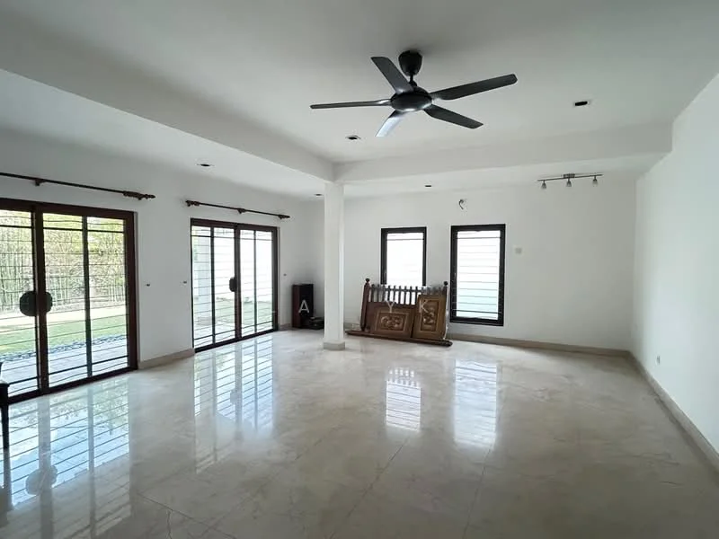 Living features: marble tile flooring, white painted walls, 5-blade ceiling fan, floor-to-ceiling windows, sliding glass doors, natural light, open layout, decorative wall feature, window treatments, neutral color palette; style: modern; view: garden.