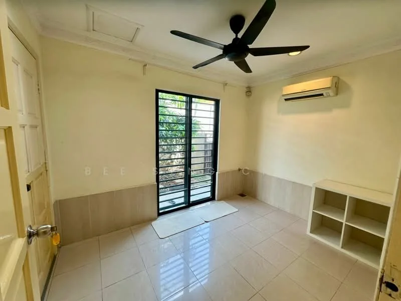 Room features: cream painted walls, white ceiling, 5-blade ceiling fan with light, wall-mounted split AC, sliding glass door, tile flooring, built-in shelving unit, window with black metal grille, natural light from window; style: modern; view: garden.