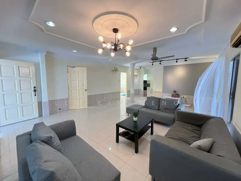 Living features: grey fabric 3-seater sofa, grey fabric 2-seater sofa, white walls with crown moulding, recessed downlights, chandelier with multiple bulbs, floor-to-ceiling windows with sheer curtains, white tiled flooring, ceiling fan, decorative wall art, coffee table, plant in ceramic pot; style: modern.