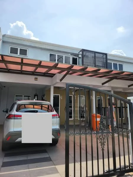 Exterior type: linked terrace house; features: car porch with awning, paved driveway, metal gate, two-storey structure, front balcony, large windows, orange trash bin, grey exterior walls, roof overhang, manicured landscaping; style: modern.