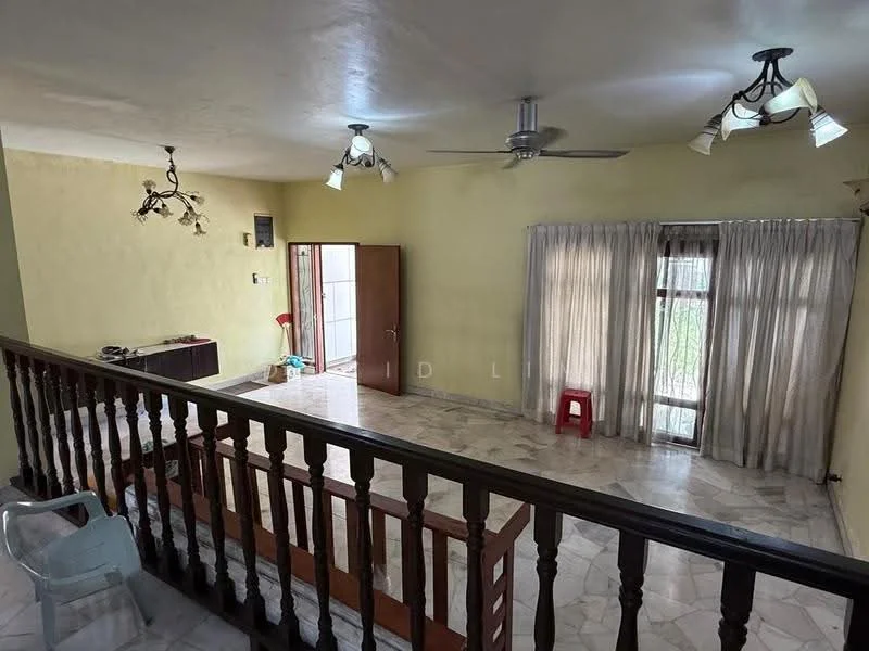 Living features: yellow painted walls, marble flooring, 5-blade ceiling fan with light, chandelier, recessed downlights, floor-to-ceiling windows, sheer curtains, wooden railing, wooden door, decorative wall sconce, area rug; style: traditional; view: garden.