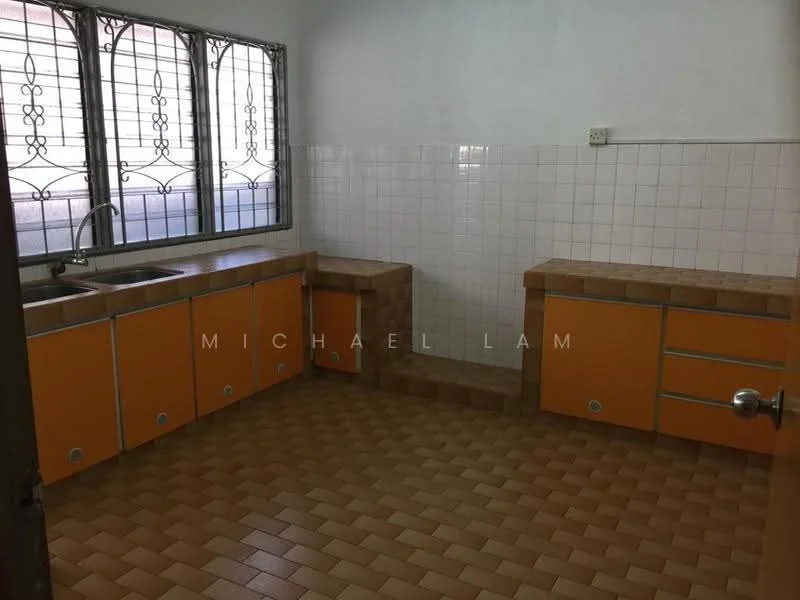 Kitchen features: single-bowl stainless-steel sink, chrome faucet, orange cabinetry with silver handles, laminate countertop, white tiled backsplash, brown ceramic tile flooring, window with decorative metal grille, corner countertop space.