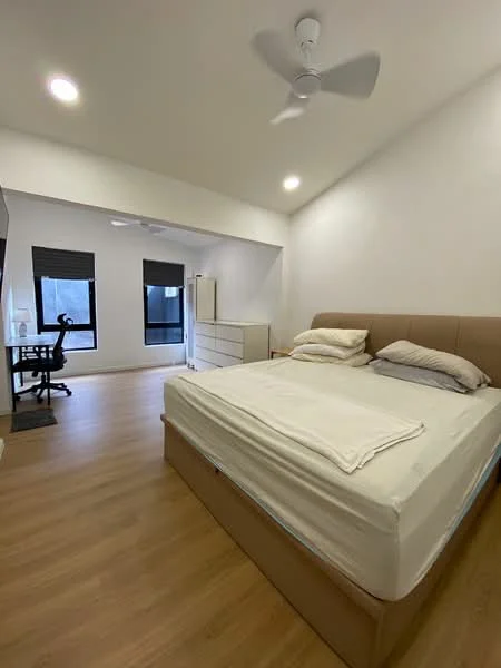 Bedroom features: king-size bed, upholstered headboard, 2 bedside pillows, ceiling fan with light, 2 windows with black roller blinds, wooden flooring, study desk with chair, chest of drawers, white painted walls, recessed lighting; style: modern.