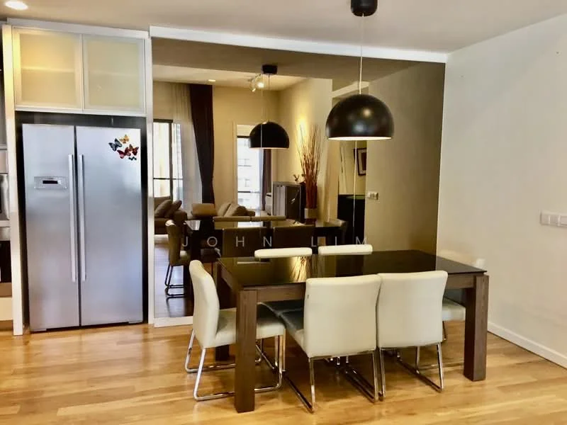 Dining features: dark wooden dining table, 6 upholstered dining chairs in cream, pendant light fixture in black, wooden flooring, wall with light brown paint, floor-to-ceiling windows, open layout to living area, decorative wall art, built-in cabinetry with glass doors, stainless-steel fridge; style: modern.