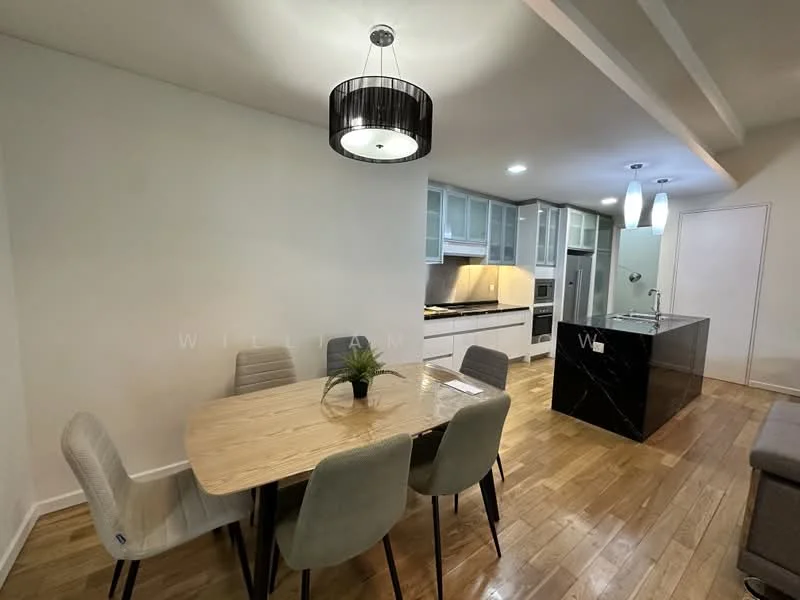 Dining features: round wooden dining table, 4 upholstered dining chairs, pendant light fixture, wooden flooring, white painted walls, plant in ceramic pot; style: modern. Kitchen features: kitchen island with black marble countertop, built-in oven, stainless-steel fridge, white cabinetry, ceramic tile backsplash, recessed downlights; style: modern.