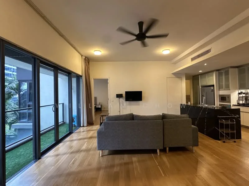 Living features: 5-blade ceiling fan, sofa in grey fabric, coffee table, wall-mounted TV, floor-to-ceiling windows, sliding glass door, wooden flooring, recessed downlights, curtains, open layout to kitchen, black stone countertop, kitchen cabinetry; style: modern; view: garden.