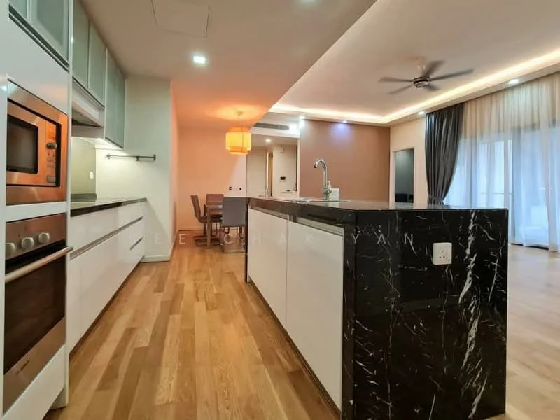 Kitchen features: white cabinetry, black marble countertop, stainless-steel built-in oven, stainless-steel microwave, single-bowl stainless-steel sink, chrome pull-down faucet, kitchen island with seating, wooden flooring, recessed downlights, 5-blade ceiling fan, floor-to-ceiling windows, sheer curtains; style: modern.