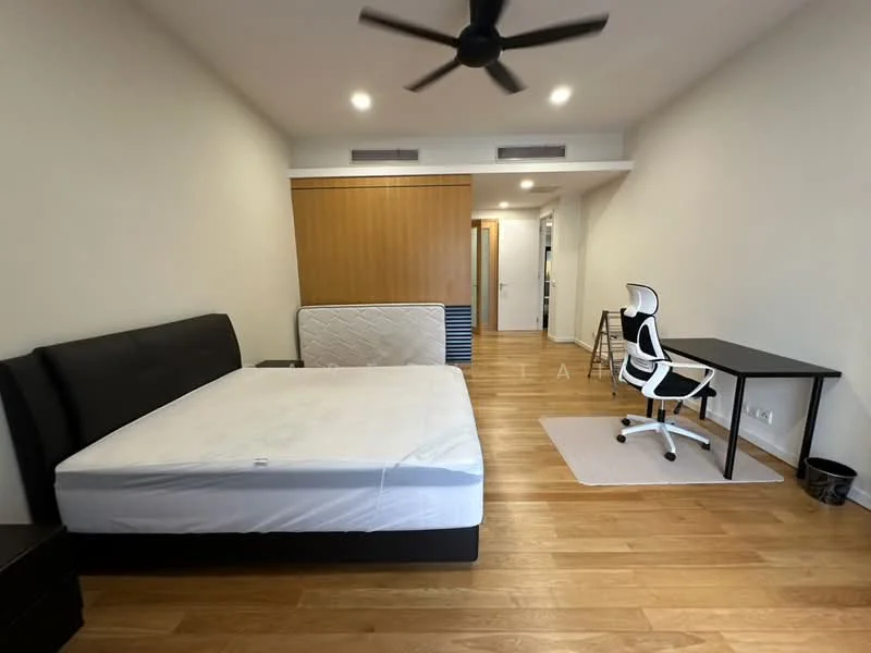 Bedroom features: queen-size bed frame, mattress on bed frame, wooden flooring, ceiling fan, desk with chair, wall-mounted light fixtures, built-in wardrobe, neutral wall color, area rug; style: modern.