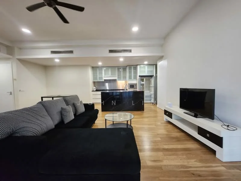 Living features: black fabric sofa, glass coffee table, TV console, wall-mounted TV, wood flooring, recessed downlights, ceiling fan, open layout to kitchen; style: modern. Kitchen features: kitchen island, stainless-steel fridge, built-in oven, microwave, glass-front upper cabinets, white lower cabinets, quartz countertop, tile backsplash; style: modern.