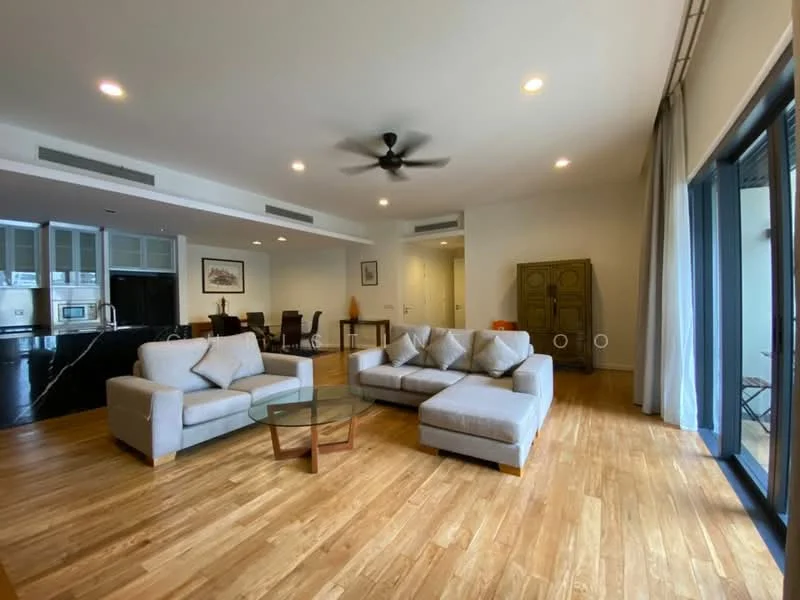 Living features: 3-seater fabric sofa in light grey, 2-seater fabric sofa in light grey, coffee table with glass top, wooden flooring, 5-blade ceiling fan with light, floor-to-ceiling windows, sheer curtains, decorative wall art, dining area visible in background, open layout to kitchen, recessed downlights; style: modern.