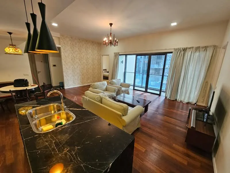 Living features: light wood flooring, floor-to-ceiling windows, sheer curtains, 3-seater fabric sofa in cream, 2-seater fabric sofa in cream, coffee table, TV console, wall-mounted TV, chandelier, recessed downlights, decorative wall with floral pattern, area rug with geometric pattern; style: modern; view: city. Kitchen features: black marble countertop, single-bowl stainless-steel sink, chrome pull-down faucet, kitchen island, pendant lighting, built-in cabinets; style: modern.