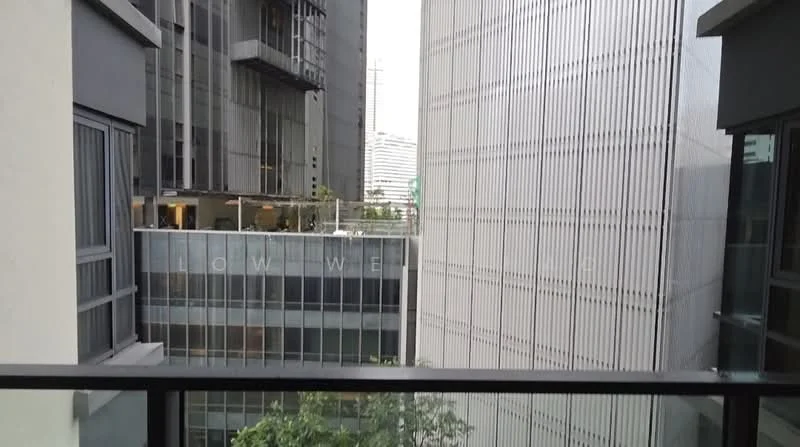 Room features: balcony with railing, view of adjacent buildings, glass sliding doors, grey exterior walls, concrete facade, urban setting, partial greenery visible; style: modern; view: city.