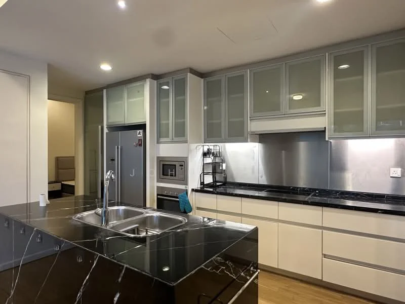 Kitchen features: black marble countertop, white cabinetry with glass-front upper cabinets, stainless-steel built-in oven, stainless-steel microwave, double-bowl stainless-steel sink, chrome pull-down faucet, black backsplash, wooden flooring, recessed downlights, open shelving, kitchen island with seating, integrated dishwasher; style: modern.