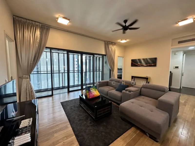 Living features: L-shape sectional sofa in grey, coffee table, TV console, wall-mounted TV, area rug, 5-blade ceiling fan with light, floor-to-ceiling windows, curtains, wooden flooring, decorative wall art; style: modern; view: city.