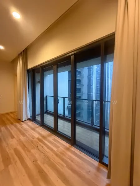 Room features: floor-to-ceiling windows, sliding glass door, wooden flooring, curtains, balcony view; style: modern; view: city.
