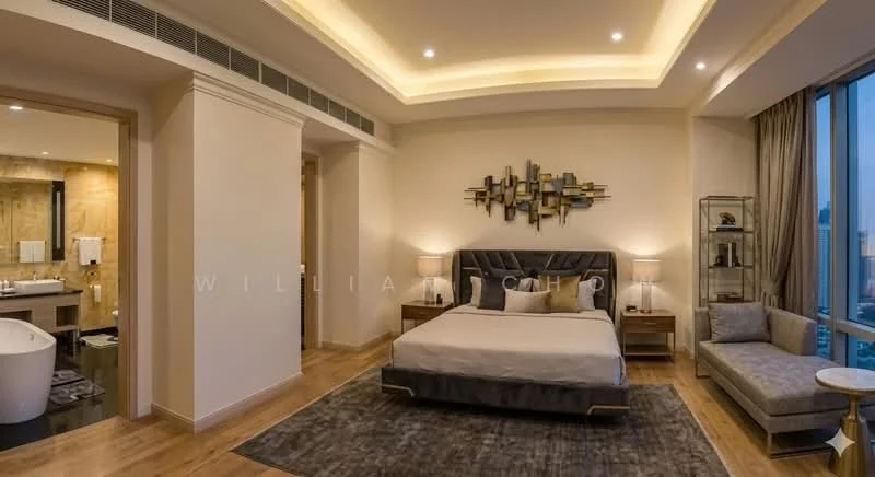Bedroom features: king-size bed with upholstered headboard, bedside tables with lamps, sofa in grey fabric, area rug with geometric pattern, wooden flooring, recessed ceiling with LED lighting, floor-to-ceiling windows with city view, decorative wall art, built-in wardrobe, curtains, wall-mounted TV; style: modern; view: city. Bathroom features: freestanding bathtub, double-sink vanity with marble top, chrome basin mixer faucets, framed mirror, tile cladding, walk-in shower with glass enclosure; style: luxury.