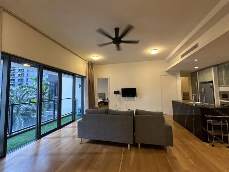 Living features: 3-seater fabric sofa in grey, 5-blade ceiling fan with light, wall-mounted TV, wooden flooring, floor-to-ceiling windows, sliding glass door, curtains, area rug, coffee table; style: modern; view: garden. Kitchen features: kitchen island, stainless-steel fridge, built-in oven, freestanding range oven, microwave, cabinetry with flat-panel design; style: modern.