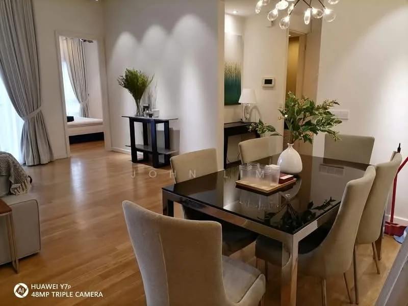Dining features: 6-seater dining table with black glass top, upholstered dining chairs in beige, wooden sideboard, decorative vase with greenery, pendant light fixture, wooden flooring, neutral wall color, floor-to-ceiling curtains; style: modern. Living features: sofa in light color, decorative artwork on wall, wall-mounted control panel, neutral wall color, wooden flooring, floor-to-ceiling curtains; style: modern.