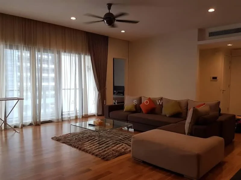 Living features: 3-seater fabric sofa in grey, sectional sofa in beige, glass coffee table, area rug with geometric pattern, floor-to-ceiling windows, sheer curtains, wooden flooring, ceiling fan with light, decorative cushions, wall-mounted mirror; style: modern; view: city.