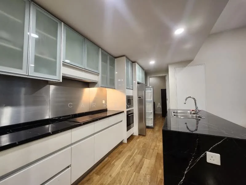 Kitchen features: black granite countertop, white cabinetry with glass-front upper cabinets, stainless-steel built-in oven, stainless-steel refrigerator, stainless-steel microwave, stainless-steel range hood, single-bowl stainless-steel sink, chrome pull-down faucet, wooden flooring, tile backsplash, under-cabinet lighting, island with seating area; style: modern.