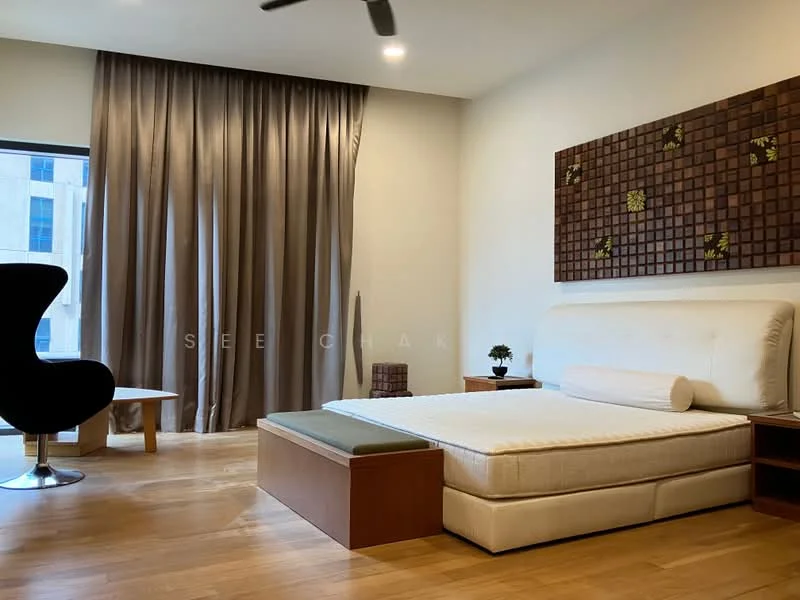 Bedroom features: queen-size bed with upholstered headboard, wooden bed frame, white bedding, floor-to-ceiling window, sheer curtains, wooden flooring, decorative wall art with geometric pattern, side table with lamp, modern accent chair, small indoor plant, ceiling fan; style: modern; view: city.