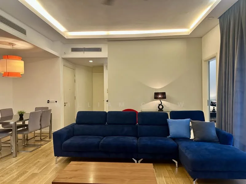 Living features: blue fabric sectional sofa, wood coffee table, recessed ceiling lights, ceiling fan, lampshade with orange light, wooden flooring, grey curtains, wall-mounted light fixture; style: modern. Dining features: 4-seater dining table, grey upholstered dining chairs; style: modern.