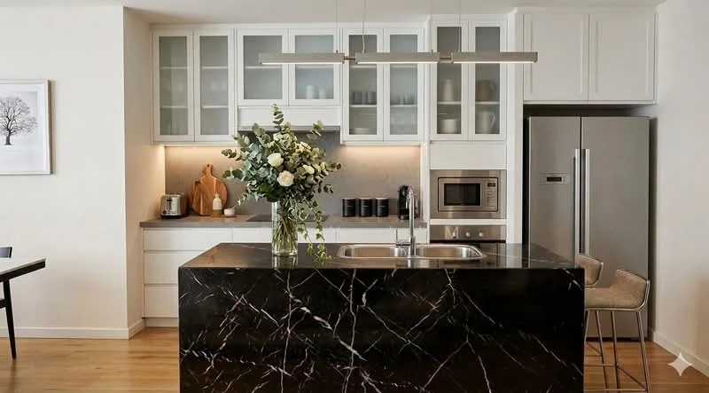 Kitchen features: black marble countertop with veining, double-bowl stainless-steel sink, chrome pull-down faucet, white shaker cabinets, glass-front upper cabinets, built-in microwave, stainless-steel fridge, stainless-steel oven, wooden flooring, recessed downlights, decorative vase with flowers; style: modern.