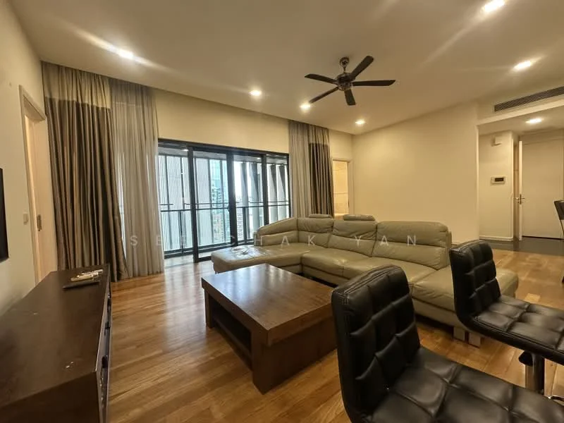 Living features: 3-seater leather sofa in light grey, coffee table, wall-mounted TV, wooden flooring, 5-blade ceiling fan with light, floor-to-ceiling windows, sheer curtains, dark wood TV console, balcony access; style: modern; view: city.