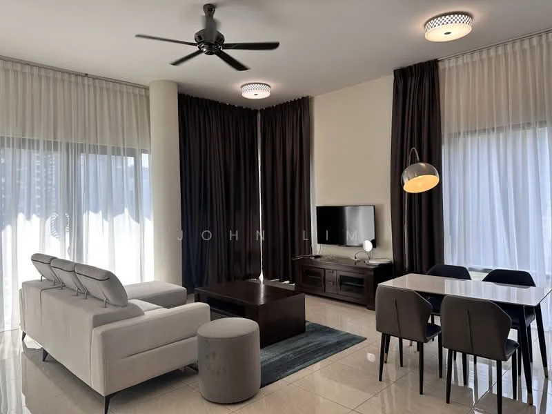 Living features: 3-seater fabric sofa in light grey, coffee table, TV console, wall-mounted TV, area rug with geometric pattern, 5-blade ceiling fan with light, recessed downlights, floor-to-ceiling windows with sheer curtains, dark brown curtains, dining table with 4 black upholstered chairs, decorative wall art, light fixture with pendant design; style: modern; view: city.