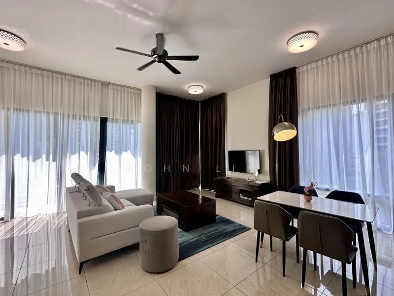 Living features: 3-seater fabric sofa in light grey, coffee table in dark wood, TV console with wall-mounted TV, area rug with geometric pattern, floor-to-ceiling windows with sheer curtains, dark brown curtains, ceiling fan with light, recessed downlights, dining table for 4 with upholstered chairs, decorative plant on dining table, light fixture above dining table; style: modern; view: city.