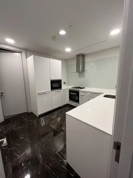 Kitchen features: white cabinetry, black marble flooring, white quartz countertop, stainless-steel built-in oven, stainless-steel gas cooktop, stainless-steel range hood, single-bowl stainless-steel sink, glass backsplash, recessed downlights, sliding door, modern design; style: modern.