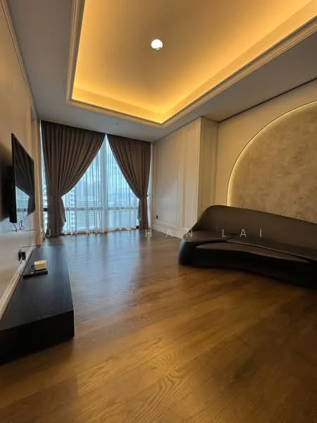 Living features: wood flooring, recessed ceiling with warm LED lighting, floor-to-ceiling windows, curtains, wall-mounted TV, black TV console, curved black sofa, decorative wall with textured finish; style: modern; view: city.