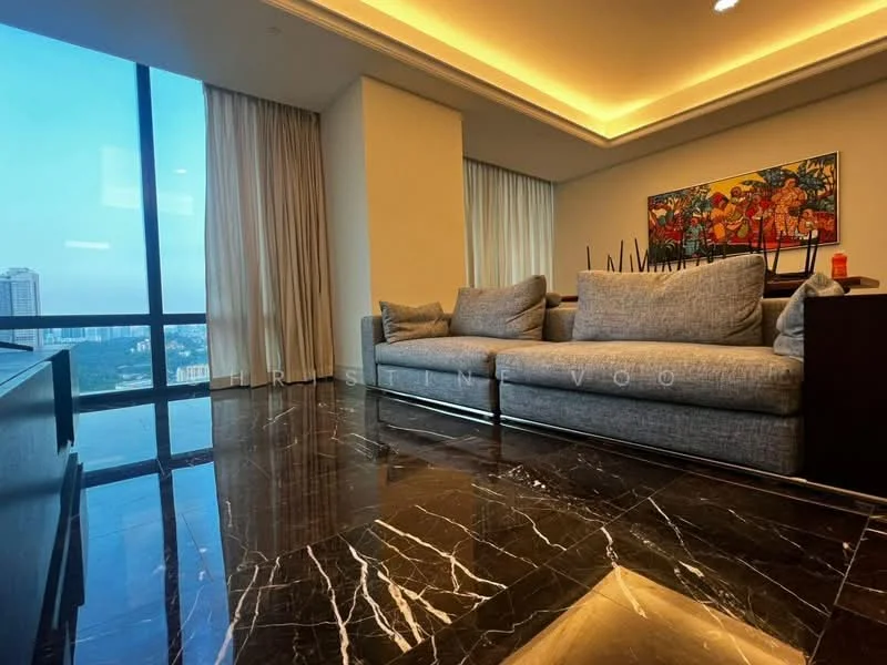 Living features: grey fabric sofa, marble flooring, floor-to-ceiling windows, city view, recessed LED downlights, decorative artwork on wall, sheer curtains, coffee table; style: modern; view: city.