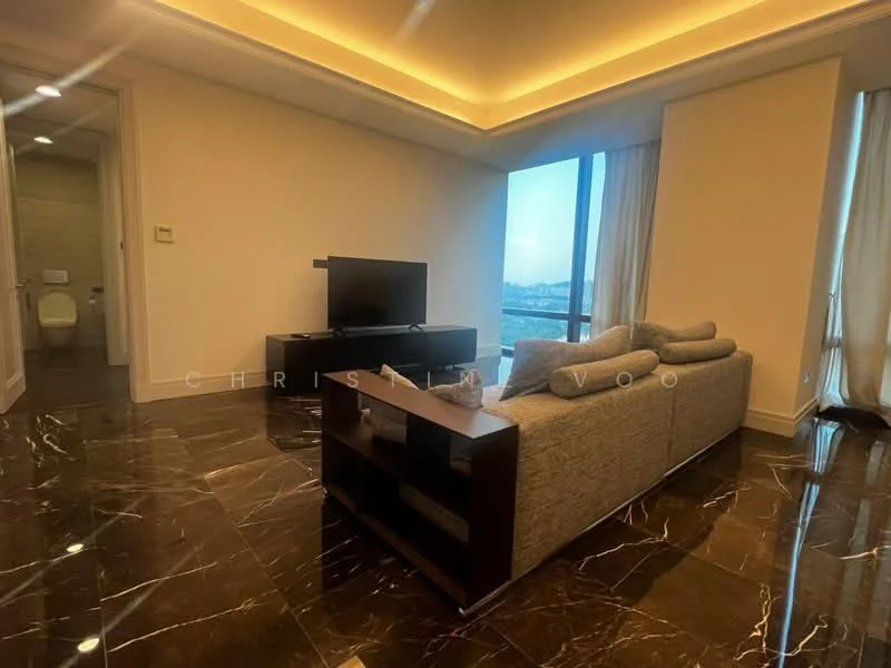 Living features: grey fabric sofa, black TV console, wall-mounted TV, marble flooring, recessed ceiling lights, floor-to-ceiling windows, curtains, city view; style: modern; view: city. Room features: white painted walls, doorway leading to bathroom.