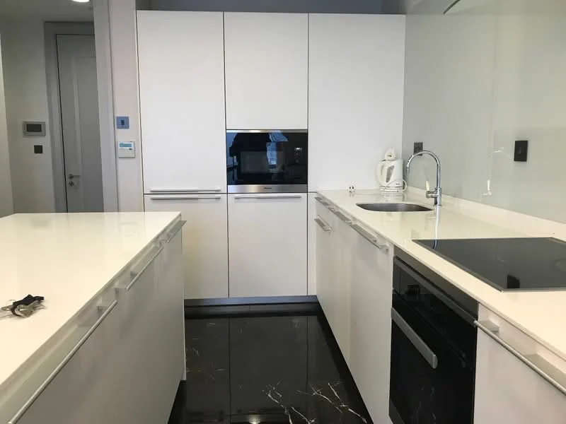Kitchen features: white cabinetry, black built-in oven, black induction cooktop, single-bowl stainless-steel sink, chrome pull-down faucet, white quartz countertop, black marble flooring, integrated refrigerator, minimalist design, recessed lighting, sliding door, modern appliances; style: modern.
