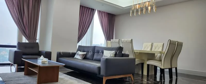 Living features: 3-seater leather sofa in grey, 2-seater fabric sofa, coffee table in wood, chandelier with multiple lights, floor-to-ceiling windows, sheer curtains in purple, dark marble flooring, decorative wall with recessed lighting; style: modern; view: city. Dining features: 6-seater dining table, upholstered dining chairs in cream, decorative centerpiece on table; style: modern; view: city.