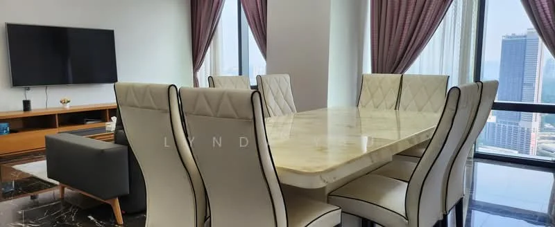 Dining features: 6-seater dining table with marble top, upholstered dining chairs with diamond pattern, floor-to-ceiling windows, curtains in burgundy, wooden sideboard, wall-mounted TV, black leather sofa, marble flooring; style: modern; view: city.