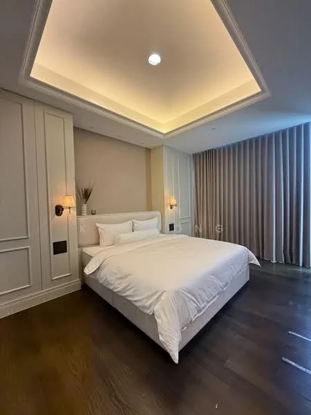 Bedroom features: king-size bed with white bedding, upholstered headboard, two wall-mounted sconces, recessed ceiling lights, cream painted walls, wooden flooring, floor-to-ceiling windows with sheer curtains, built-in wardrobe with panelled doors; style: modern.