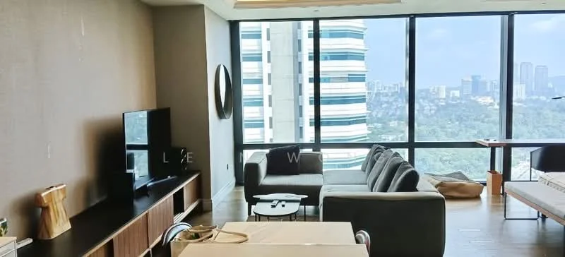 Living features: floor-to-ceiling windows, grey fabric sofa, coffee table, TV console, wall-mounted TV, wooden flooring, decorative mirror, city skyline view, light-colored accent wall, area rug; style: modern; view: city.