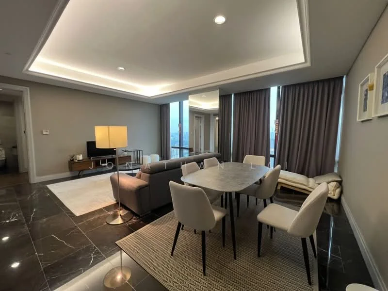 Dining features: round dining table with marble top, upholstered dining chairs, 3-seater fabric sofa in grey, floor-to-ceiling windows, sheer curtains, recessed downlights, dark marble flooring, area rug with geometric pattern, TV console, wall-mounted TV; style: modern; view: city.
