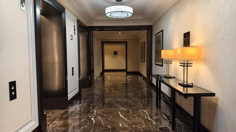 Hallway features: marble flooring, recessed ceiling lights, elevator access, wall-mounted light fixtures, decorative wall art, neutral painted walls, console table, table lamps, framed artwork, numbered door signage; style: modern.