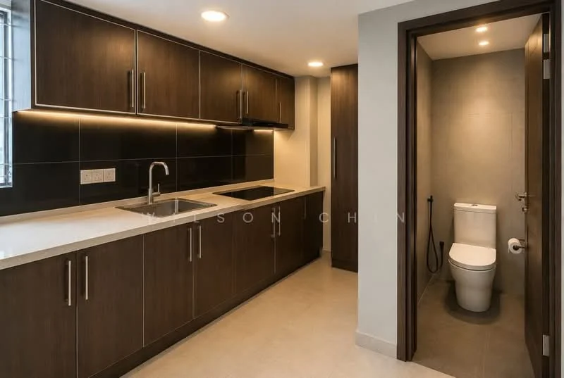 Kitchen features: dark wood cabinetry, white quartz countertop, double-bowl stainless-steel sink, chrome pull-down faucet, built-in oven, 4-burner gas hob, exhaust hood, recessed LED downlights, tile backsplash, ceramic tile flooring; style: modern. Bathroom features: one-piece toilet, chrome basin mixer, wall-mounted bidet spray, grey tiled walls, ceramic tile flooring, recessed lighting; style: modern.