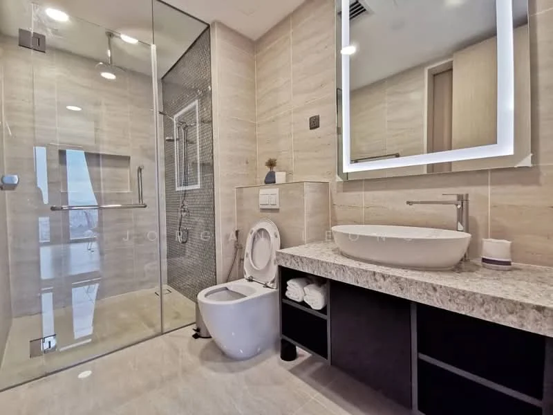 Bathroom features: walk-in shower with glass enclosure, rain shower head, handheld shower, single-sink vanity with granite countertop, oval ceramic sink, chrome basin mixer, framed mirror, one-piece toilet, tile cladding on walls, recessed downlights, built-in storage cabinet, towels neatly stacked; style: modern; view: city.
