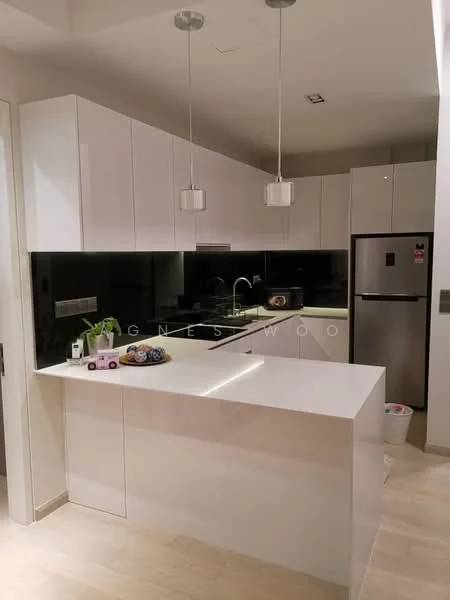Kitchen features: white high-gloss cabinetry, black glass backsplash, white quartz countertop, island with built-in lighting, stainless-steel fridge, stainless-steel sink, chrome pull-down faucet, two pendant lights, wooden flooring, built-in oven, microwave, open shelving, decorative items on countertop; style: modern.