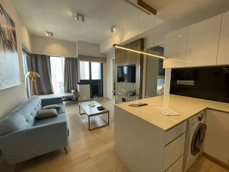 Living features: light grey fabric sofa, coffee table, wall-mounted TV, built-in cabinetry, white kitchen island, washer-dryer combo, recessed downlights, floor-to-ceiling windows, curtains, wooden flooring; style: modern; view: city.